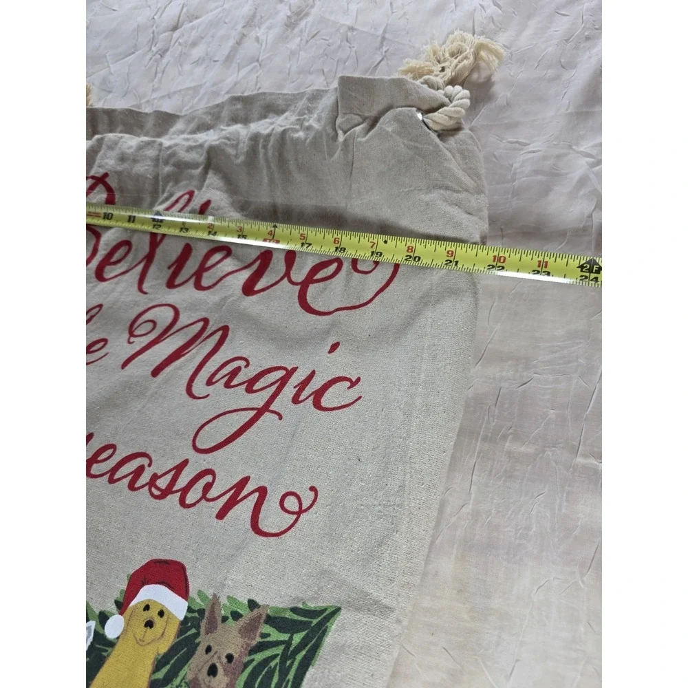 Christmas Santa Sack Red Truck Dogs Believe Magic Season Burlap Drawstring Bag